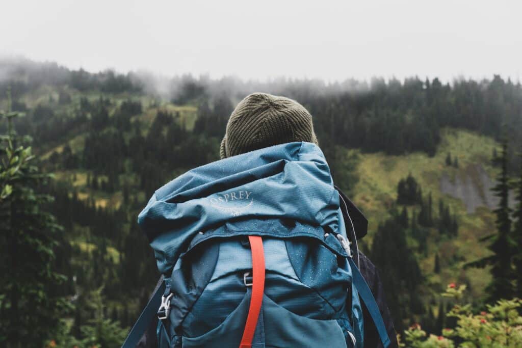 Imagem de uma pessoa de costas com uma mochila e contemplando a natureza.